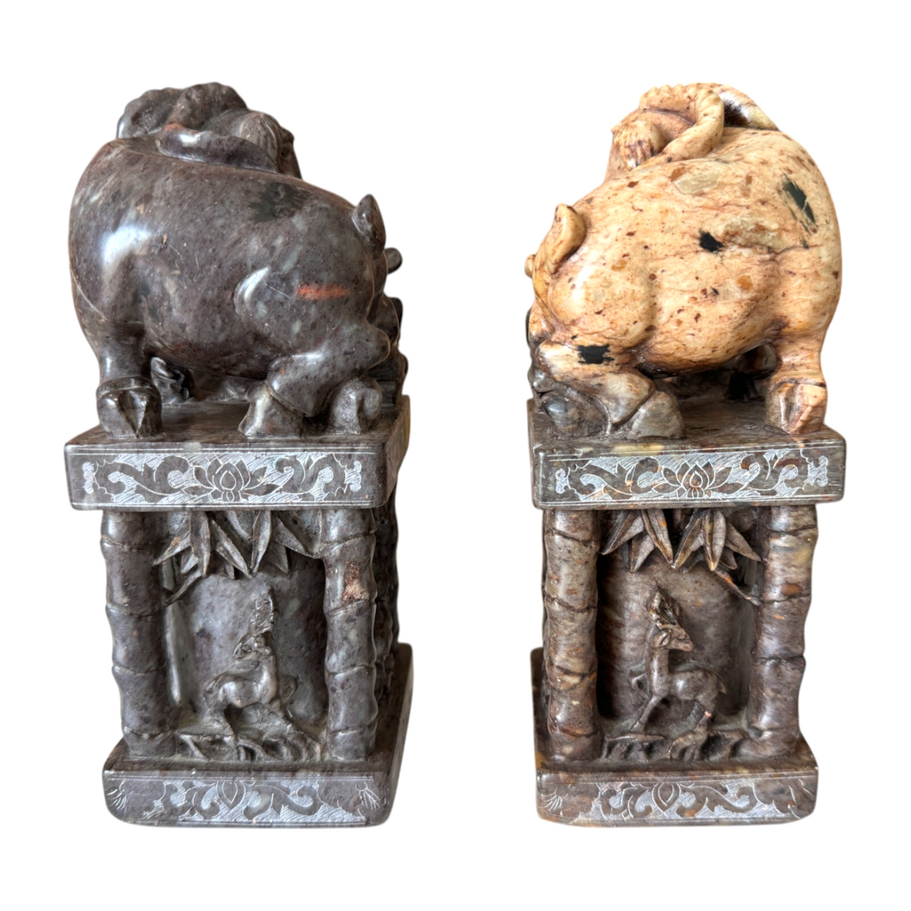 Antique Chinese Hand Carved Soapstone Seal Stamps Figure Pair - Animal Finials