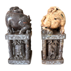 Antique Chinese Hand Carved Soapstone Seal Stamps Figure Pair - Animal Finials