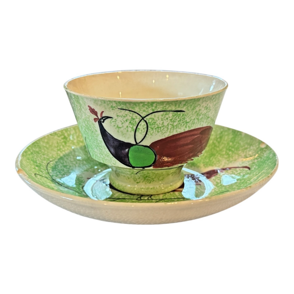 Antique Staffordshire Green Spatterware Spongeware Cup & Saucer - Peafowl Design