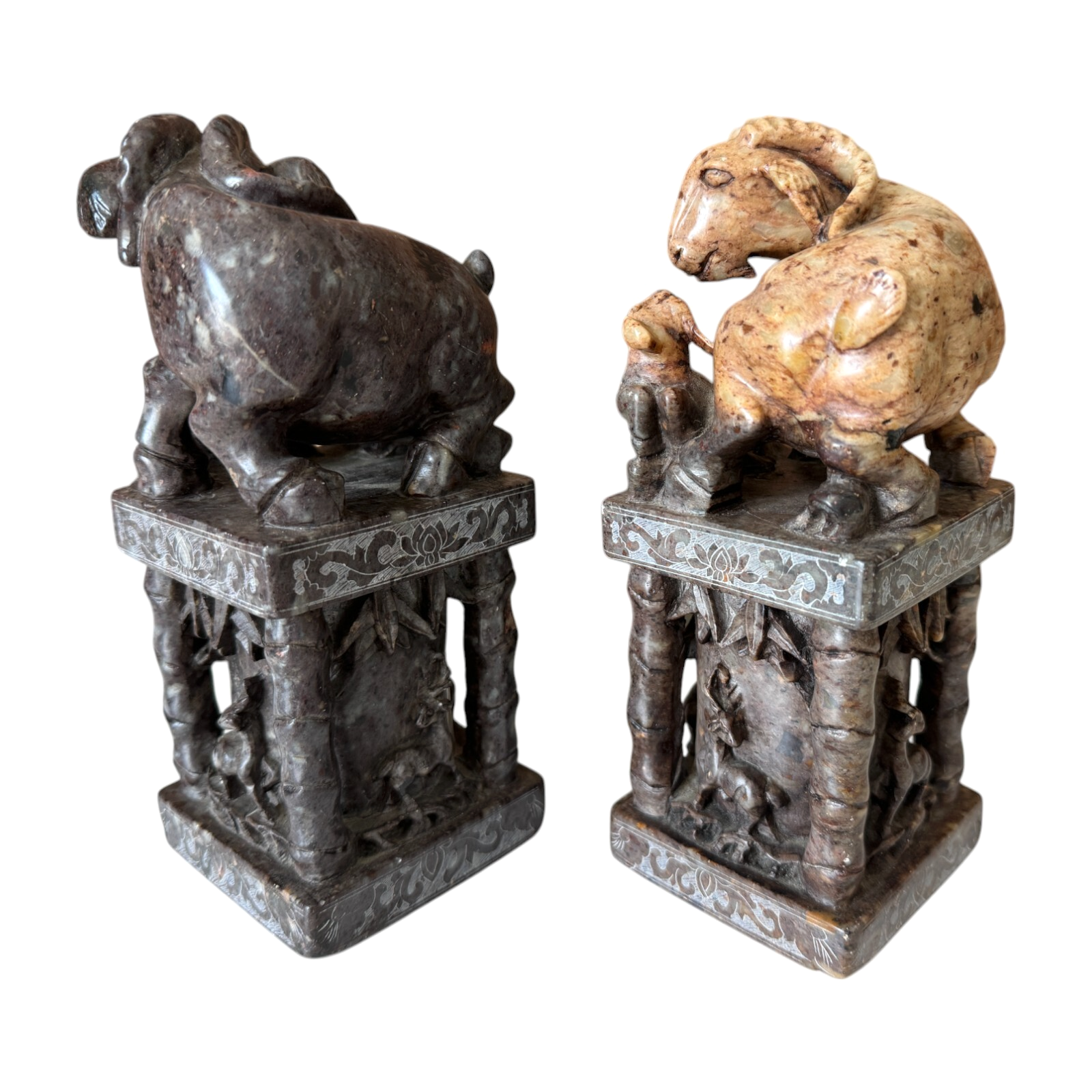 Antique Chinese Hand Carved Soapstone Seal Stamps Figure Pair - Animal Finials
