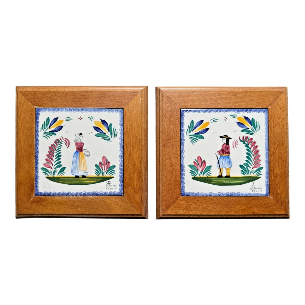 Vintage French Villeroy & Boch Breton Couple Folk Art Trivets - Framed Pair