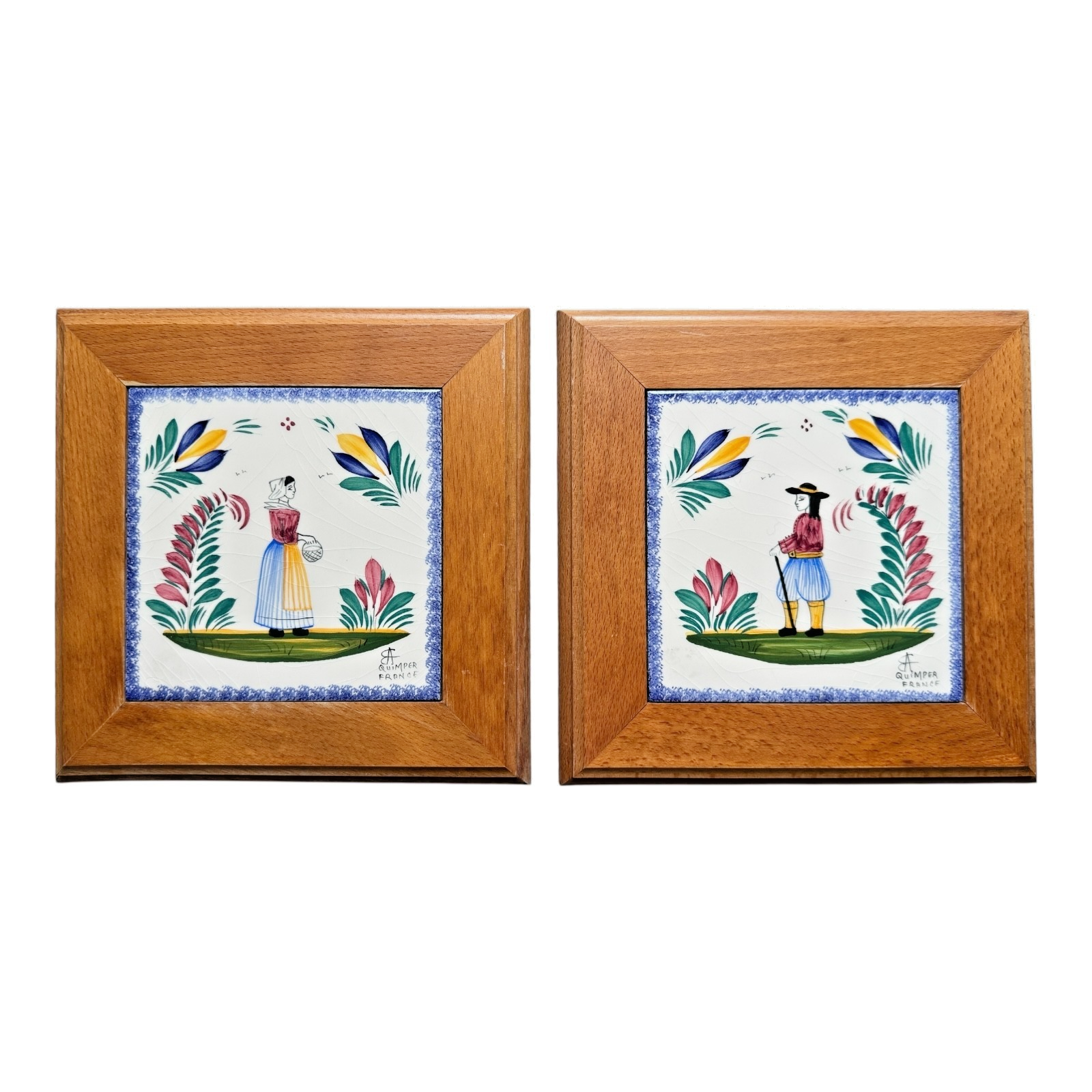 Vintage French Villeroy & Boch Breton Couple Folk Art Trivets - Framed Pair