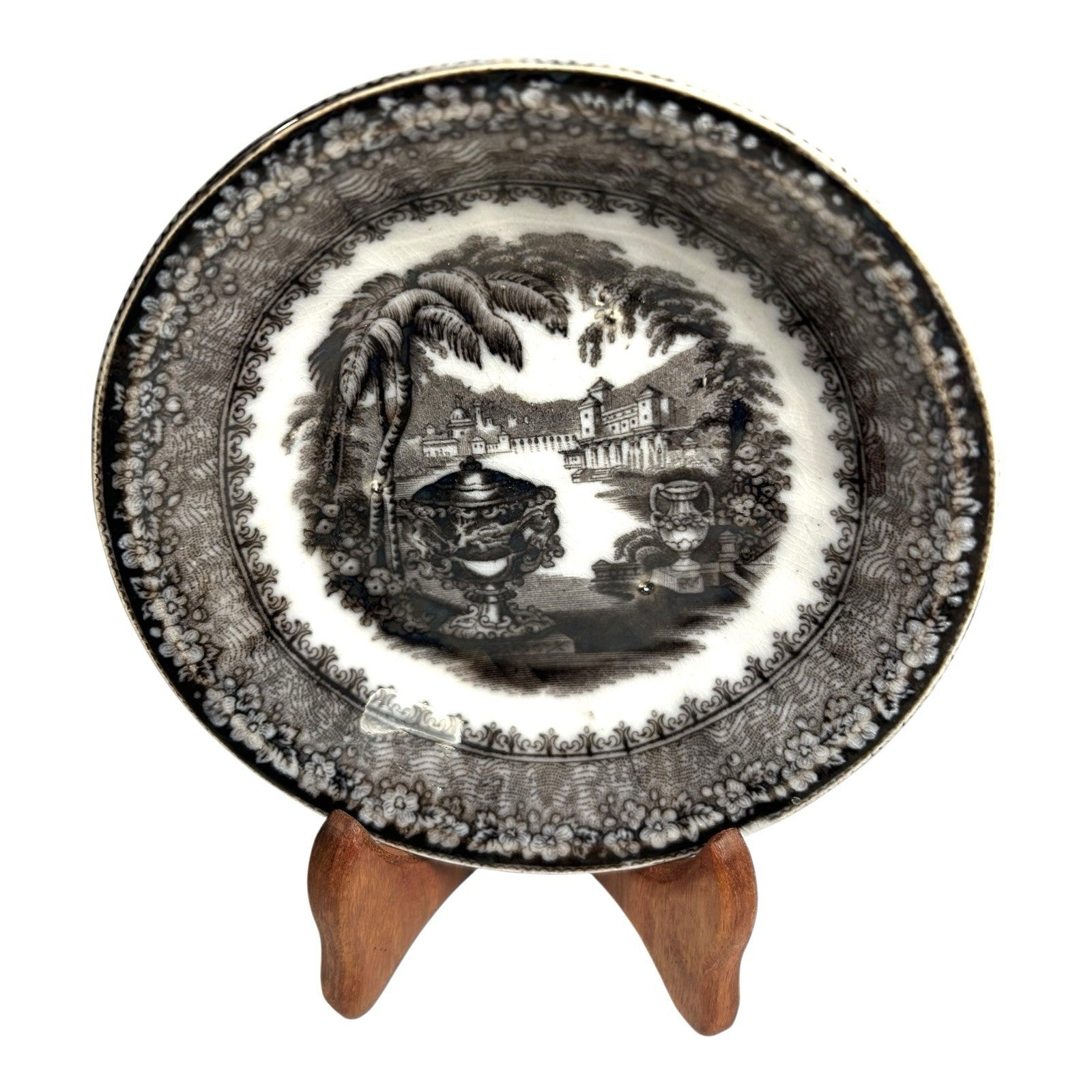 Antique Black Transferware Dish in Washington Vase Pattern Pearl Stoneware