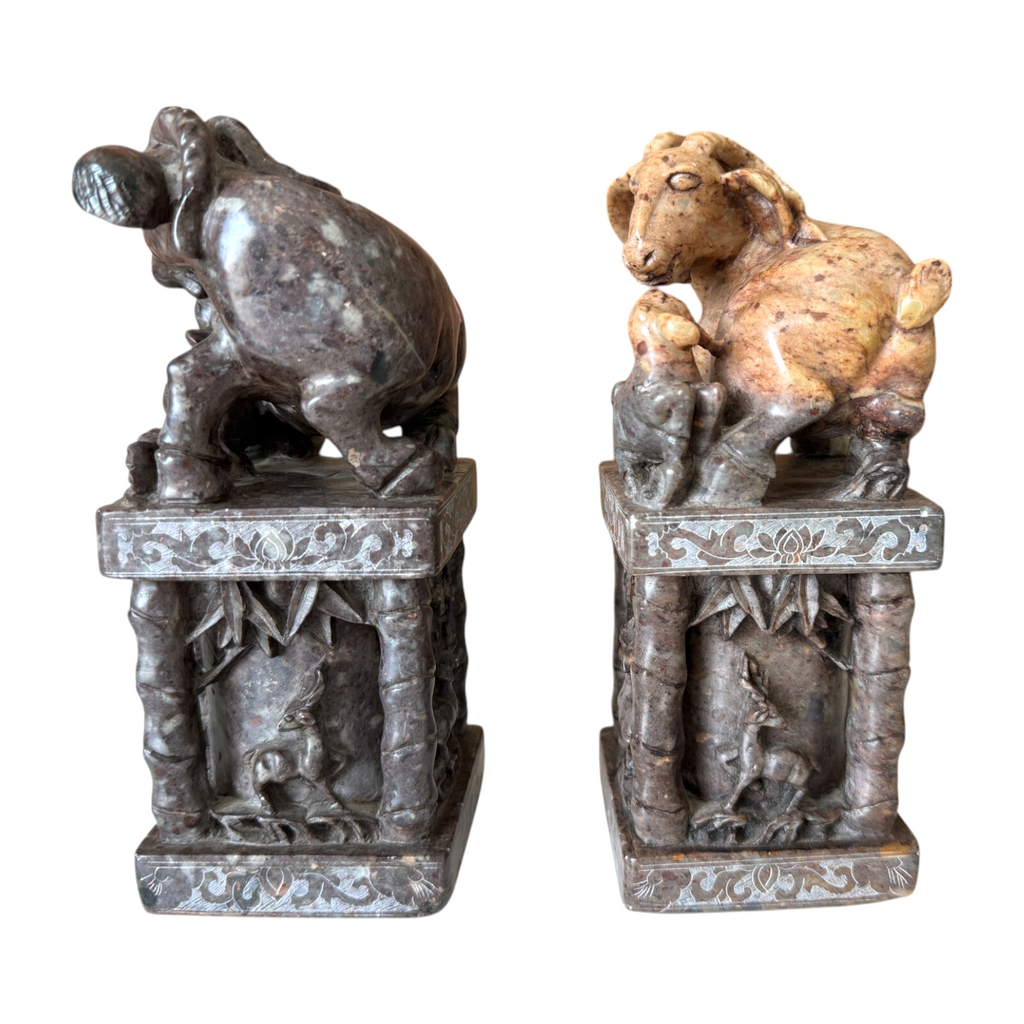 Antique Chinese Hand Carved Soapstone Seal Stamps Figure Pair - Animal Finials