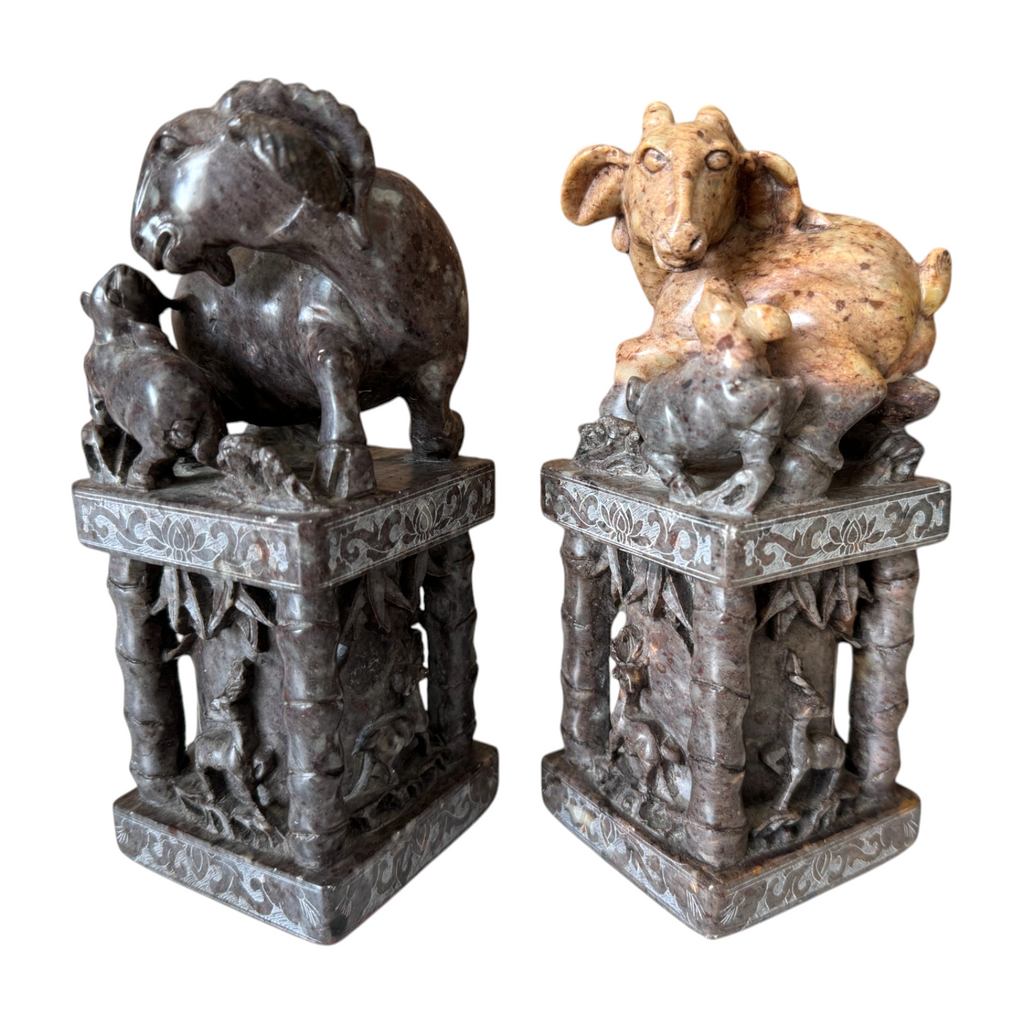 Antique Chinese Hand Carved Soapstone Seal Stamps Figure Pair - Animal Finials