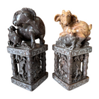 Antique Chinese Hand Carved Soapstone Seal Stamps Figure Pair - Animal Finials