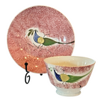 Antique Staffordshire Red Spatterware Spongeware Cup & Saucer - Peafowl Design