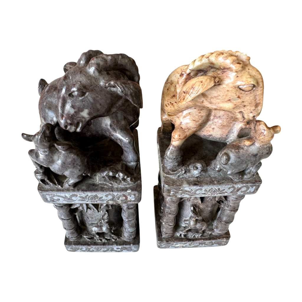 Antique Chinese Hand Carved Soapstone Seal Stamps Figure Pair - Animal Finials