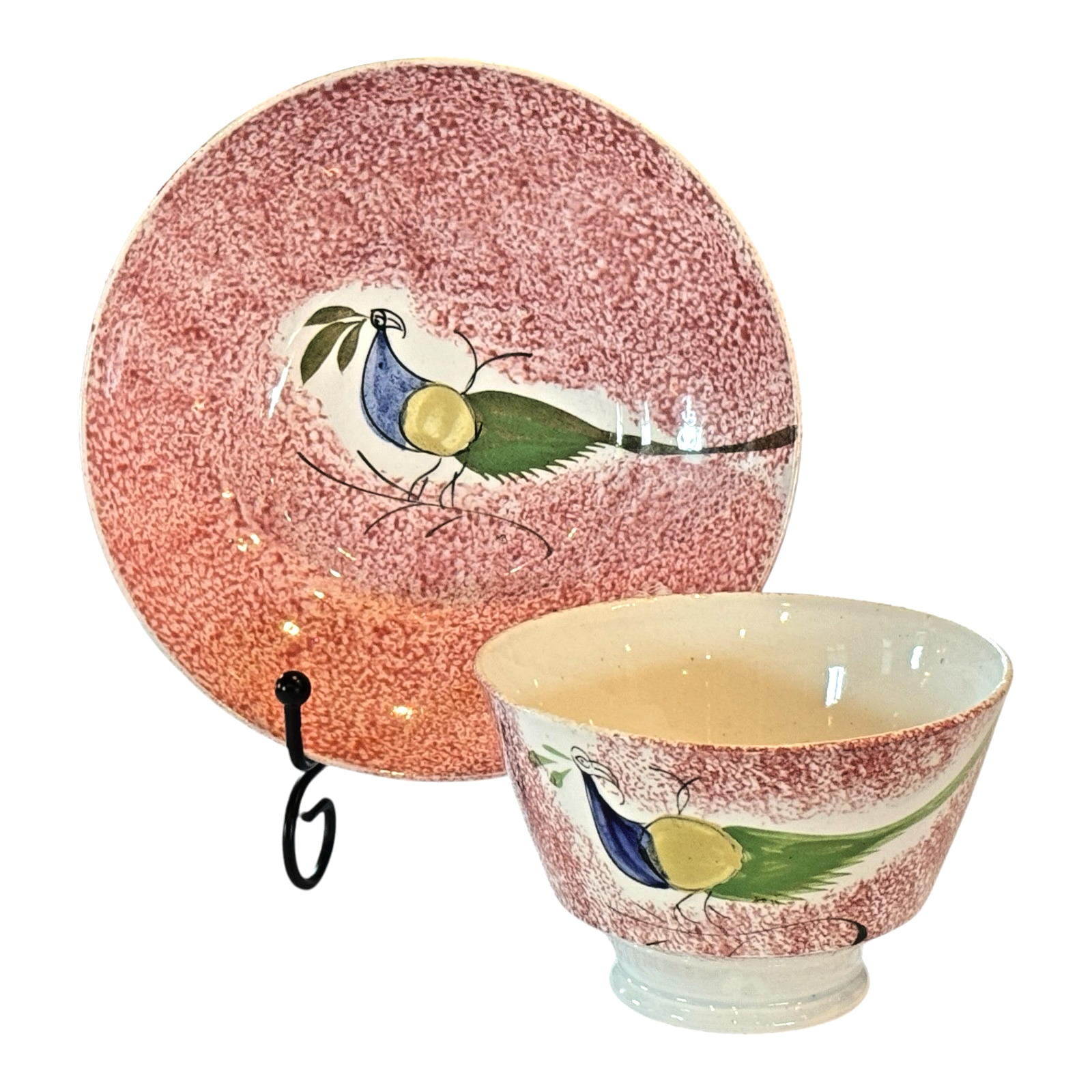 Antique Staffordshire Red Spatterware Spongeware Cup & Saucer - Peafowl Design