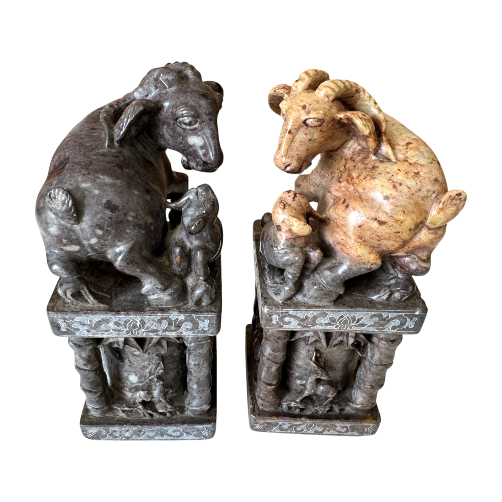 Antique Chinese Hand Carved Soapstone Seal Stamps Figure Pair - Animal Finials