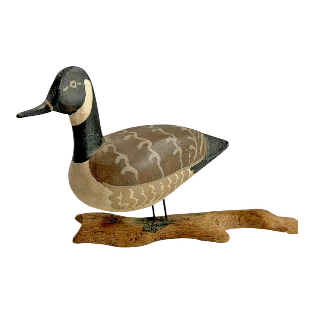 Vintage Folk Art Hand Carved Wooden Bird Sculpture Figurine on Wood Base