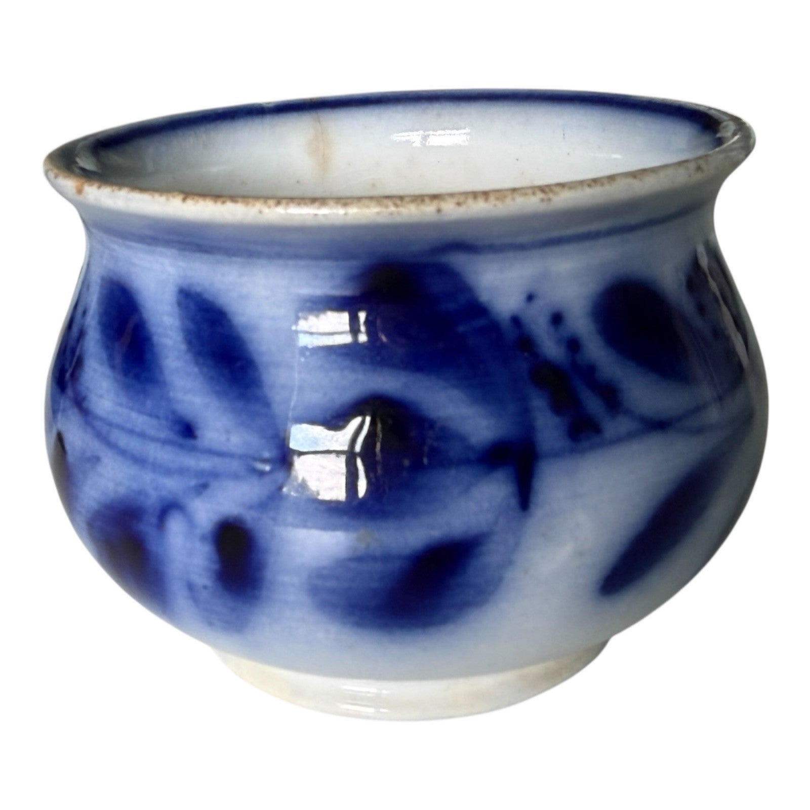Antique Flow Blue Pottery Hand Painted Floral Jardiniere Cache Pot Bowl