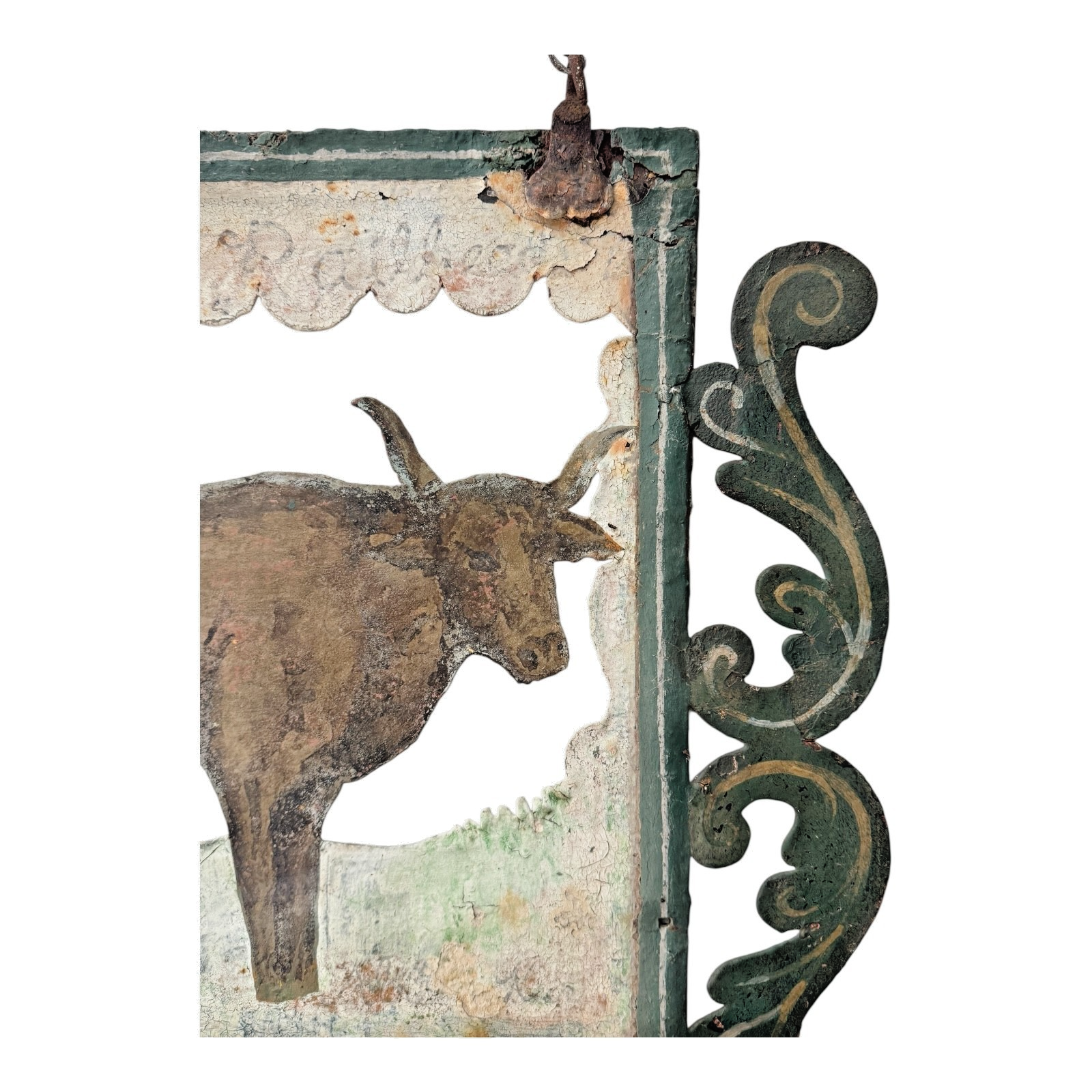 Antique Early 1900s American Folk Art Hand-Cut Metal Ranch Trade Sign, Steer/Cow