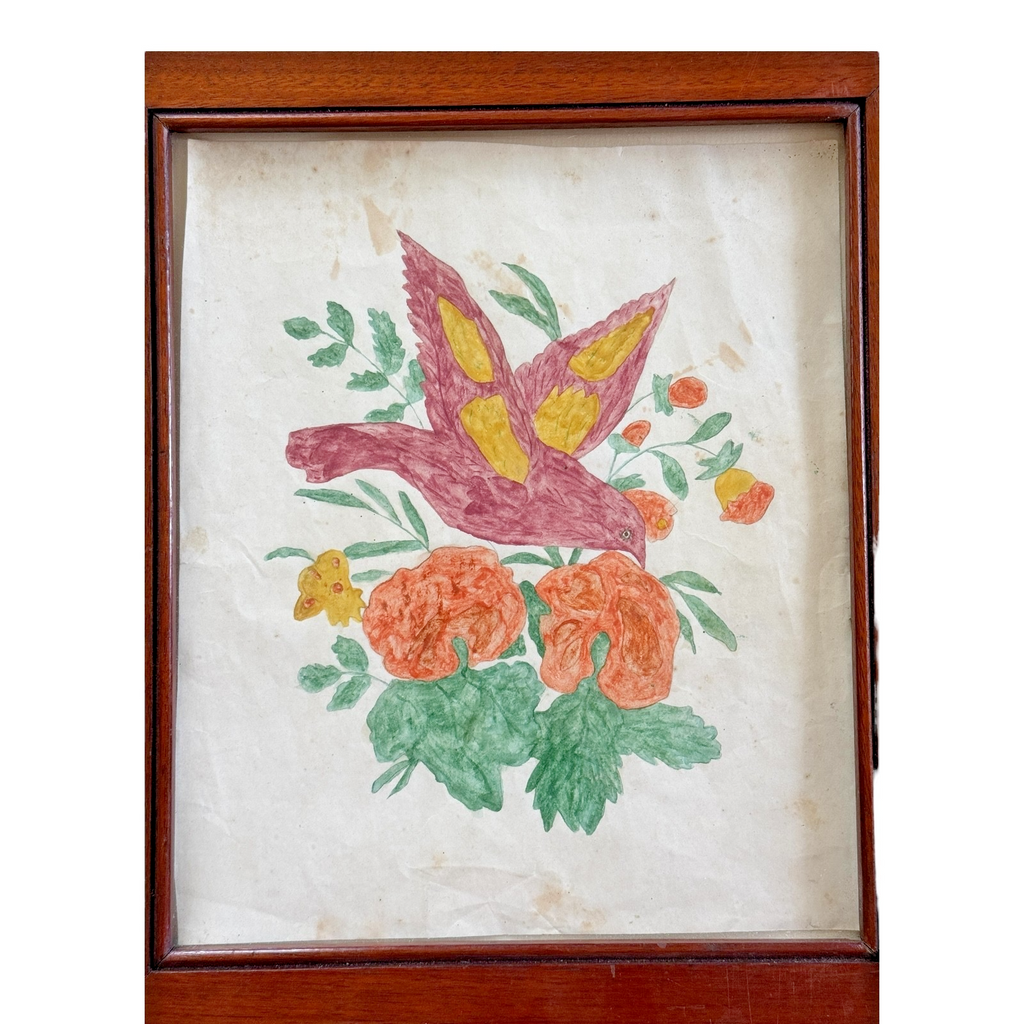 Antique Pennsylvania Folk Art Watercolor Drawing of Bird & Flowers - Framed