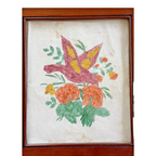 Antique Pennsylvania Folk Art Watercolor Drawing of Bird & Flowers - Framed