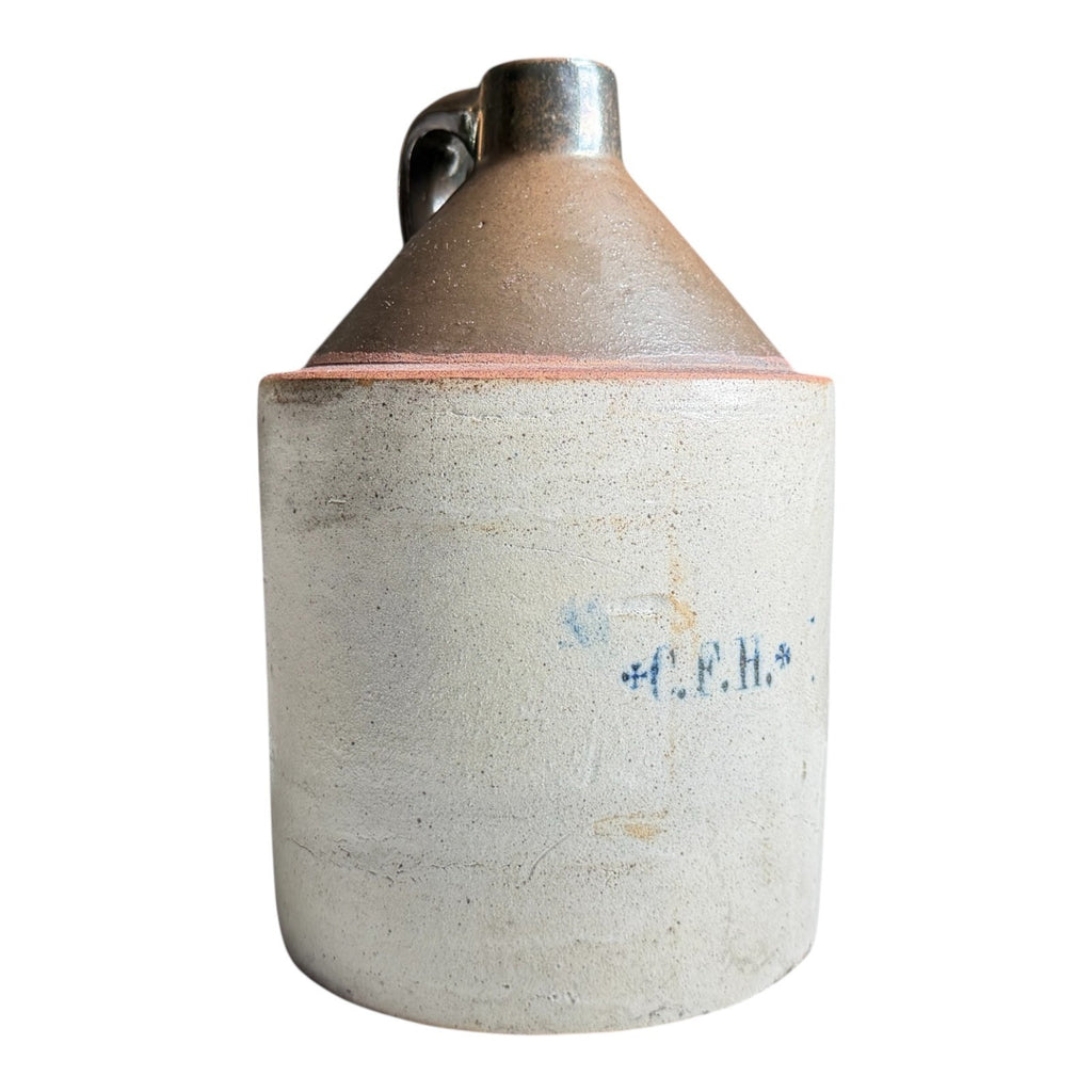 Antique Early Southern Stoneware Whiskey Jug Albany Slip Glaze Monogram Crock