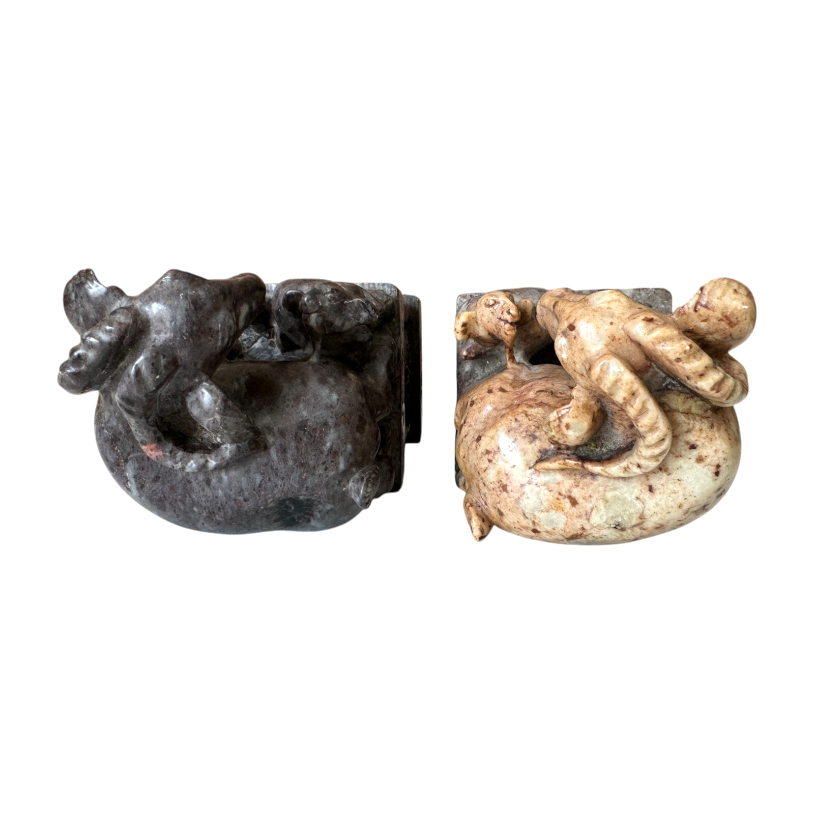 Antique Chinese Hand Carved Soapstone Seal Stamps Figure Pair - Animal Finials