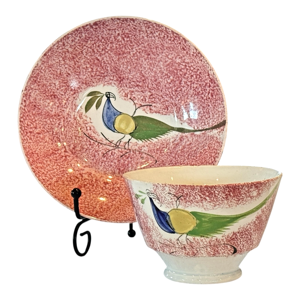 Antique Staffordshire Red Spatterware Spongeware Cup & Saucer - Peafowl Design