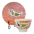 Antique Staffordshire Red Spatterware Spongeware Cup & Saucer - Peafowl Design