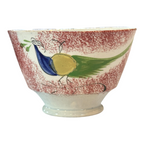 Antique Staffordshire Red Spatterware Spongeware Cup & Saucer - Peafowl Design