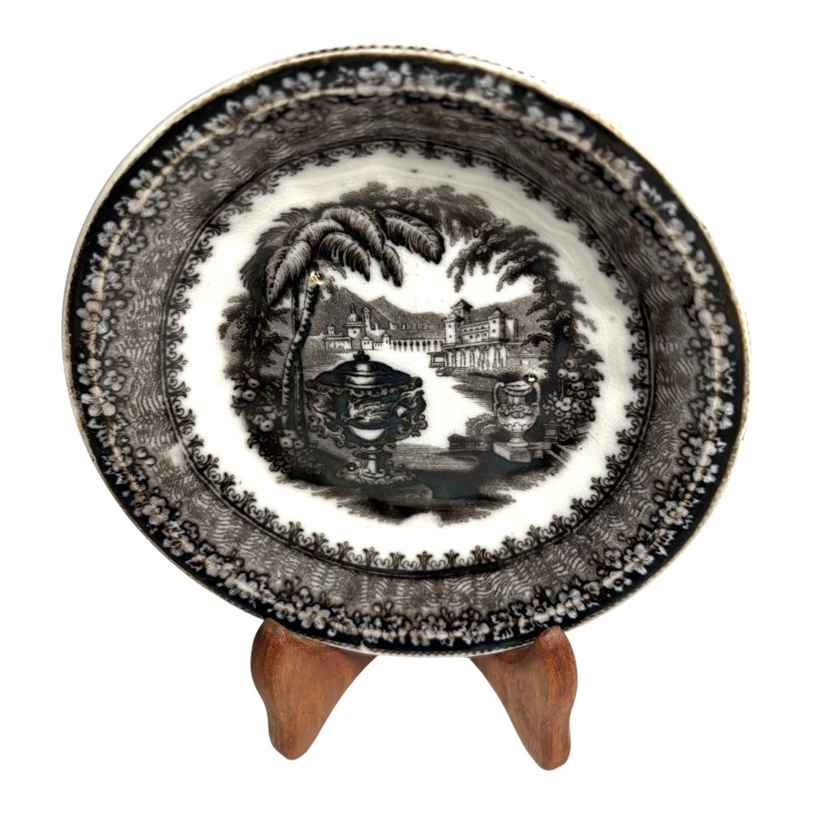 Antique Black Transferware Dish in Washington Vase Pattern Pearl Stoneware