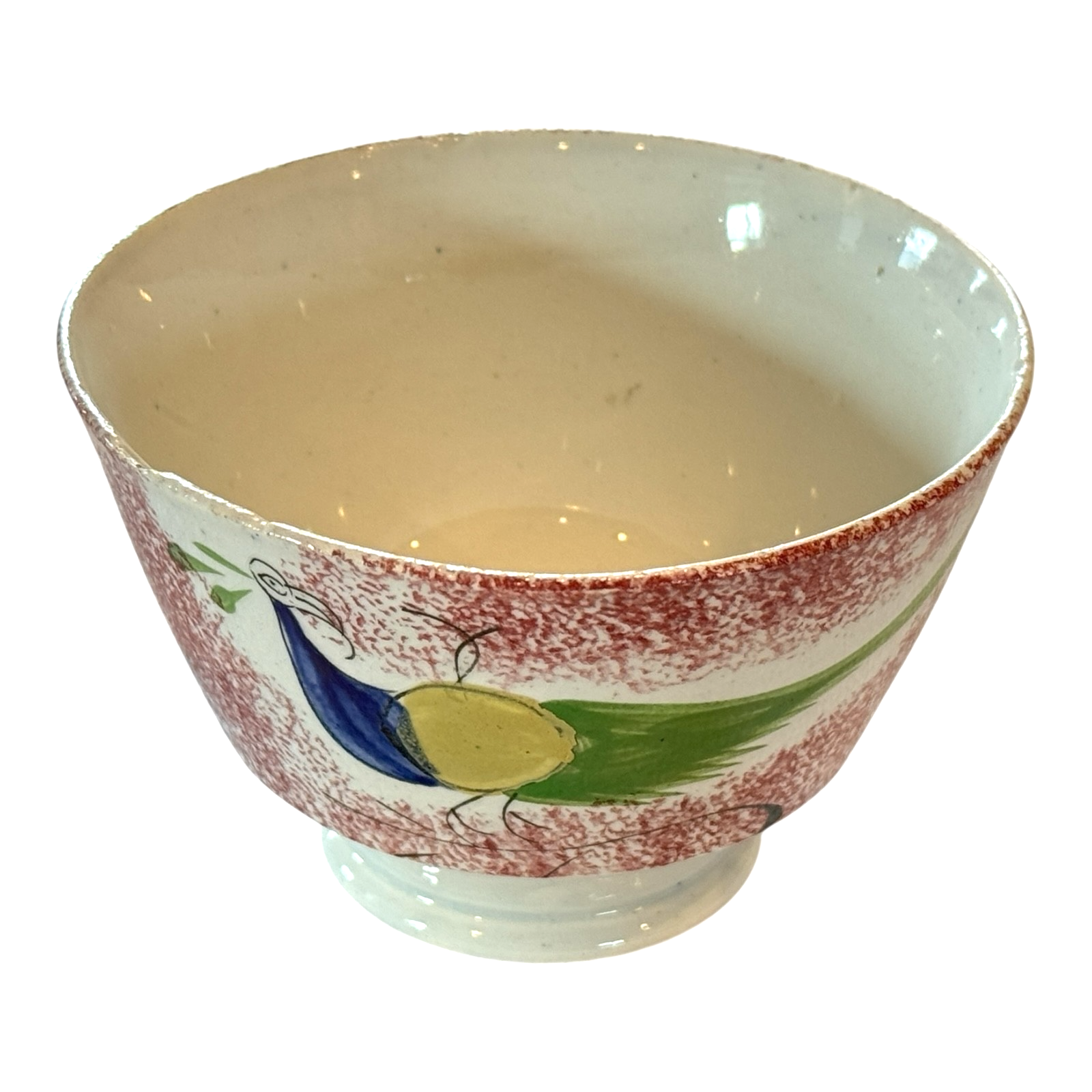Antique Staffordshire Red Spatterware Spongeware Cup & Saucer - Peafowl Design