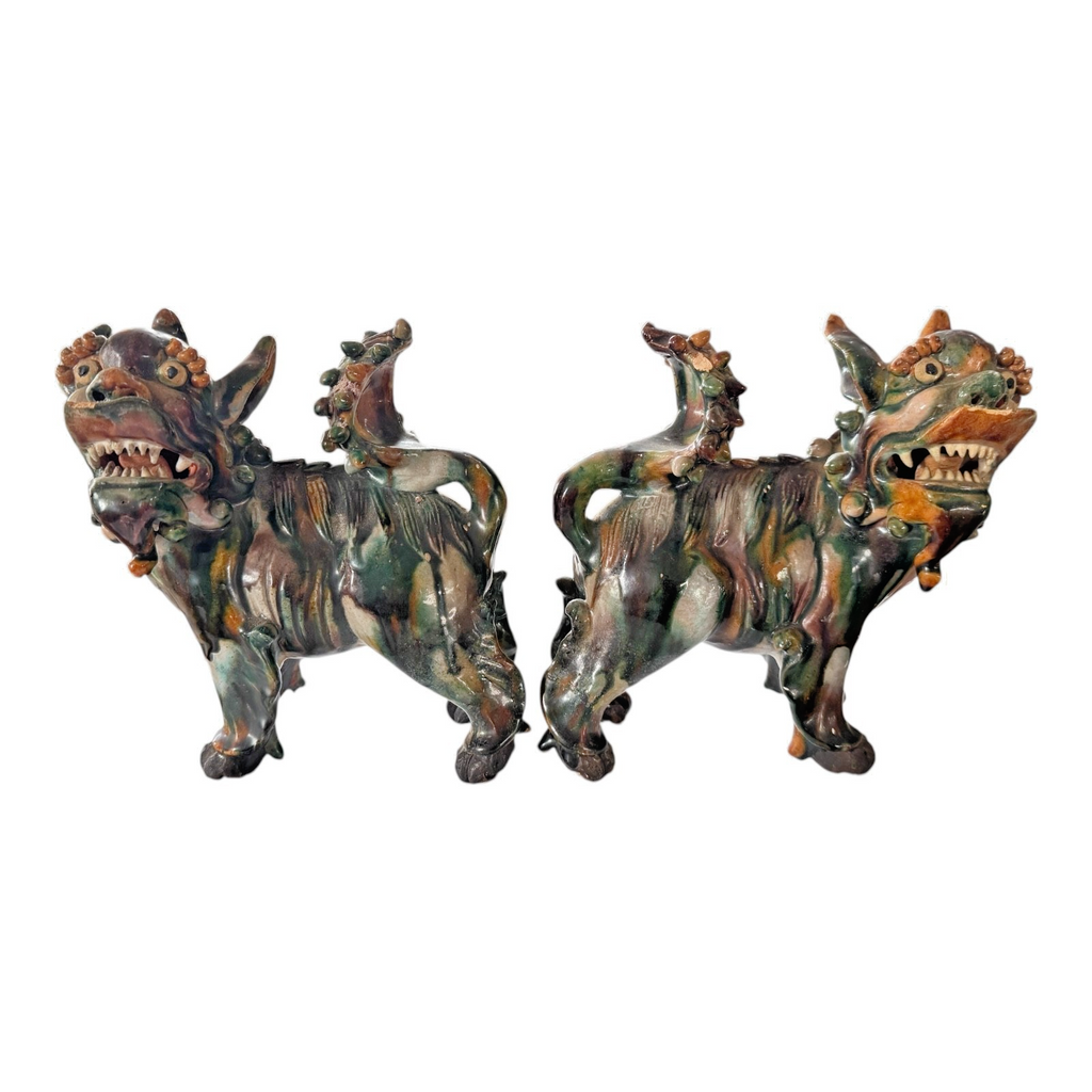 Antique Early Chinese Sancai Glazed Porcelain Foo Dog Lion Statues - Pair of 2