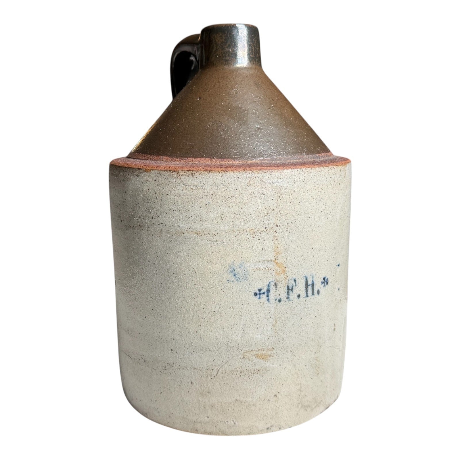Antique Early Southern Stoneware Whiskey Jug Albany Slip Glaze Monogram Crock