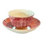 Antique Staffordshire Red Spatterware Spongeware Cup & Saucer - Peafowl Design