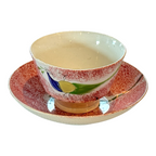 Antique Staffordshire Red Spatterware Spongeware Cup & Saucer - Peafowl Design