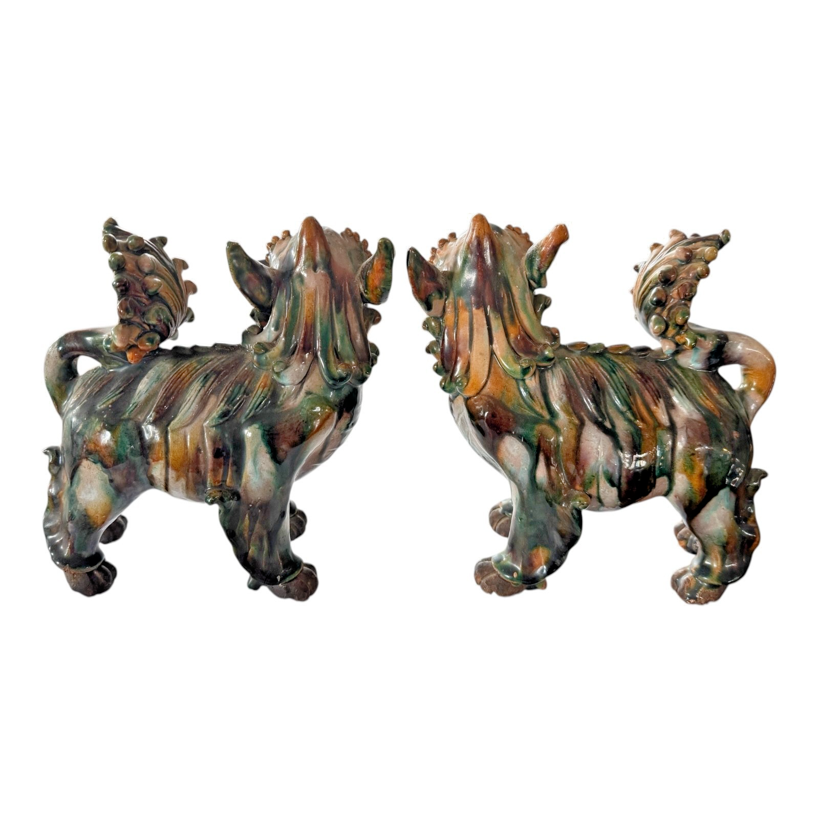 Antique Early Chinese Sancai Glazed Porcelain Foo Dog Lion Statues - Pair of 2