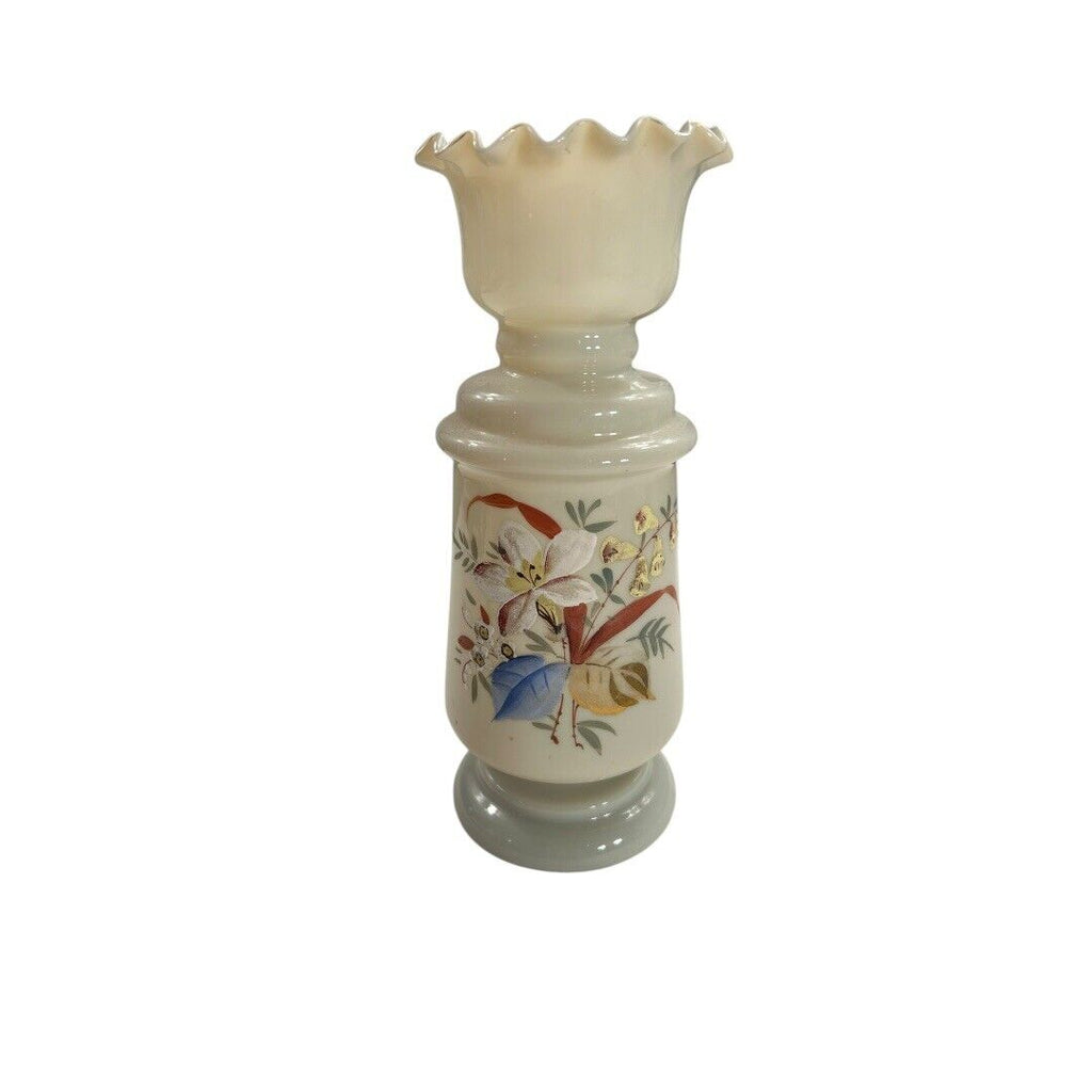 Antique Victorian Hand Painted Opaline Fluted Floral Handblown Glass Vase