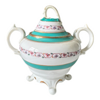 Antique Victorian Porcelain Covered Sugar Bowl - Double Handled Turquoise & Gold