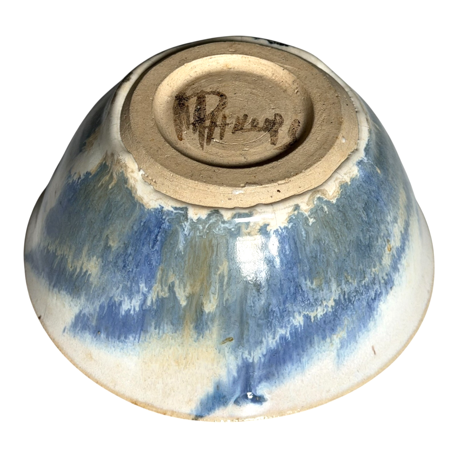 Vintage Studio Pottery Blue Tan Drip Glaze Art Pottery Bowl - Signed