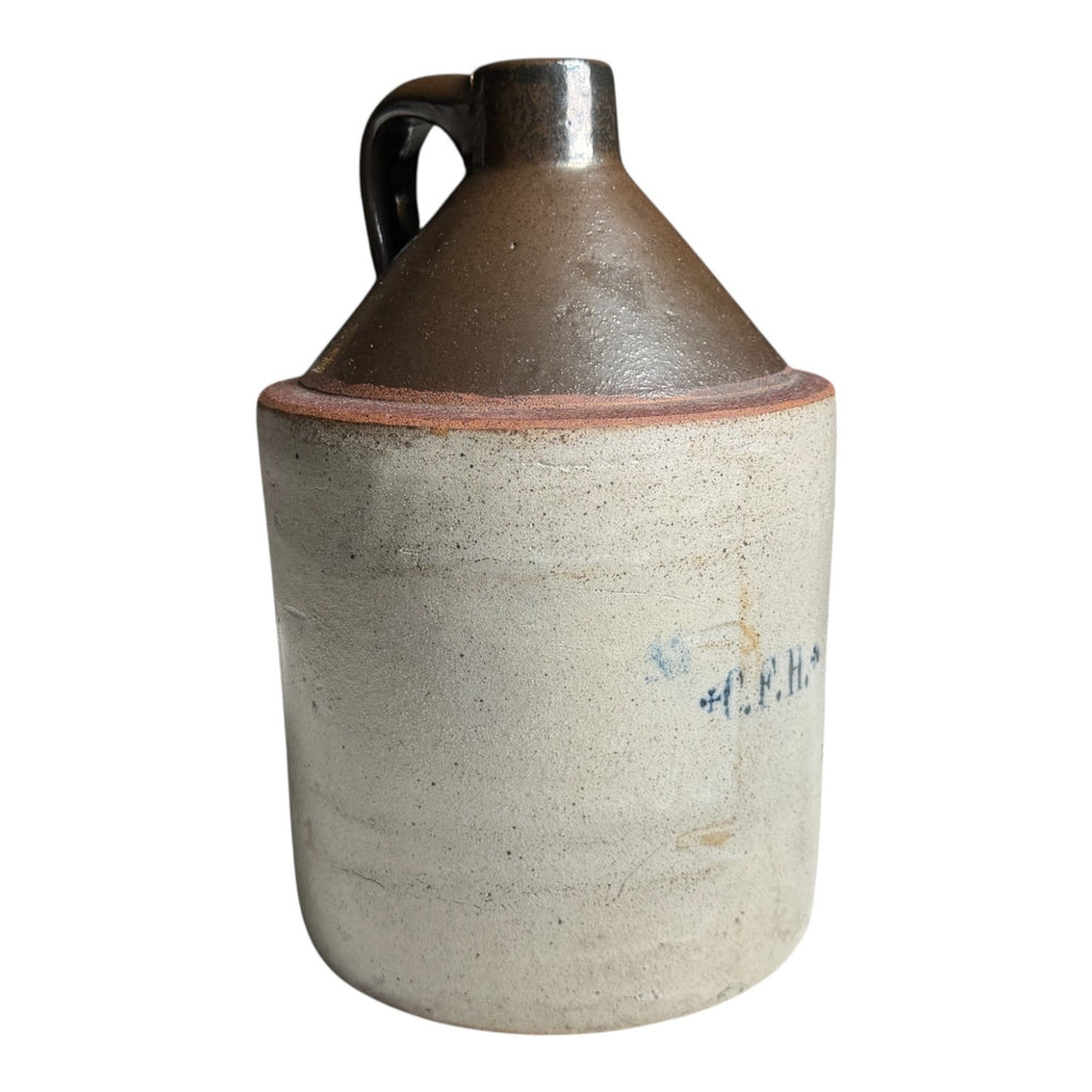 Antique Early Southern Stoneware Whiskey Jug Albany Slip Glaze Monogram Crock