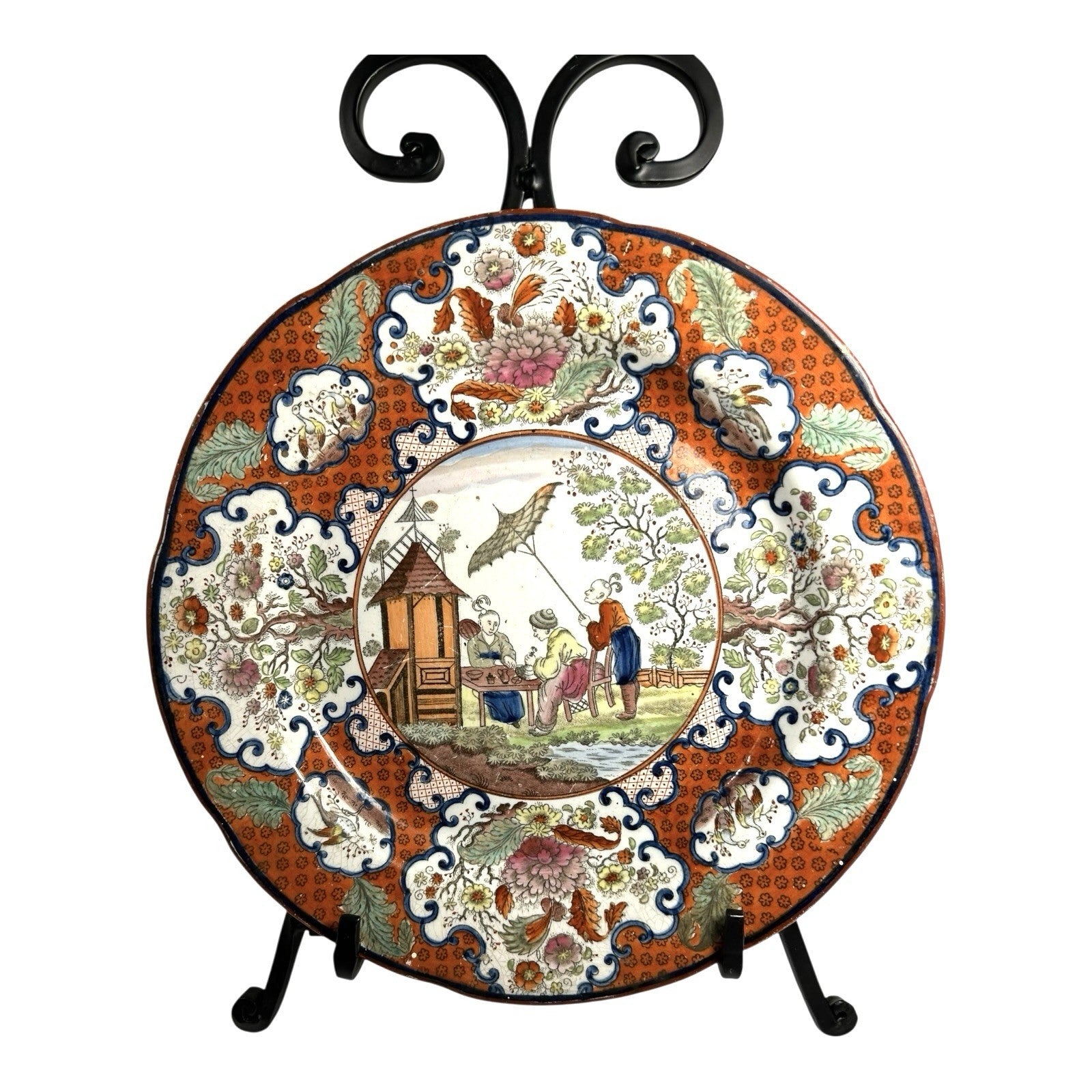 Antique Pearlware Cabinet Plate in Apothecary or Parasol Chinoserie Pattern