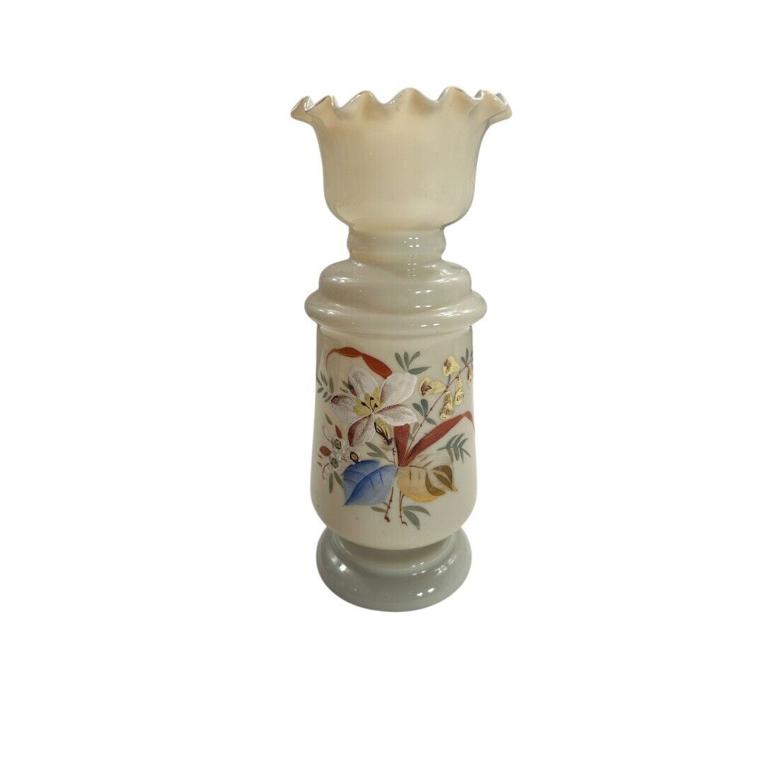 Antique Victorian Hand Painted Opaline Fluted Floral Handblown Glass Vase