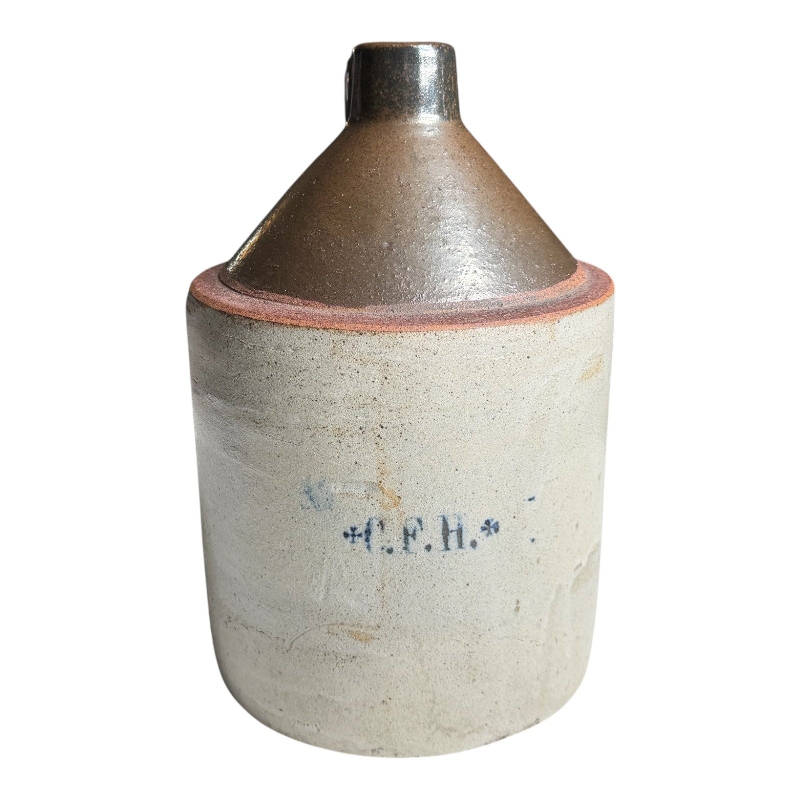 Antique Early Southern Stoneware Whiskey Jug Albany Slip Glaze Monogram Crock