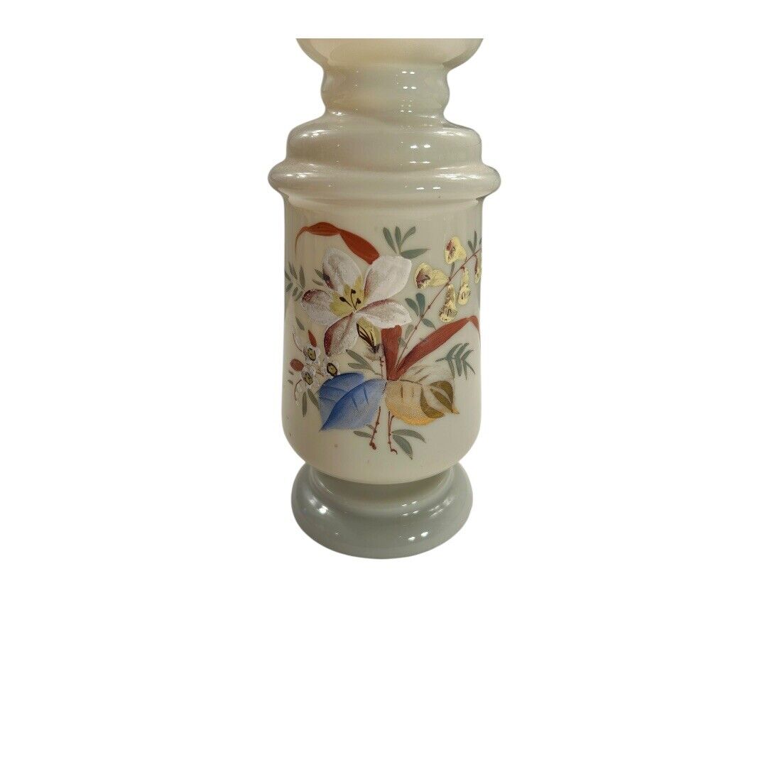 Antique Victorian Hand Painted Opaline Fluted Floral Handblown Glass Vase