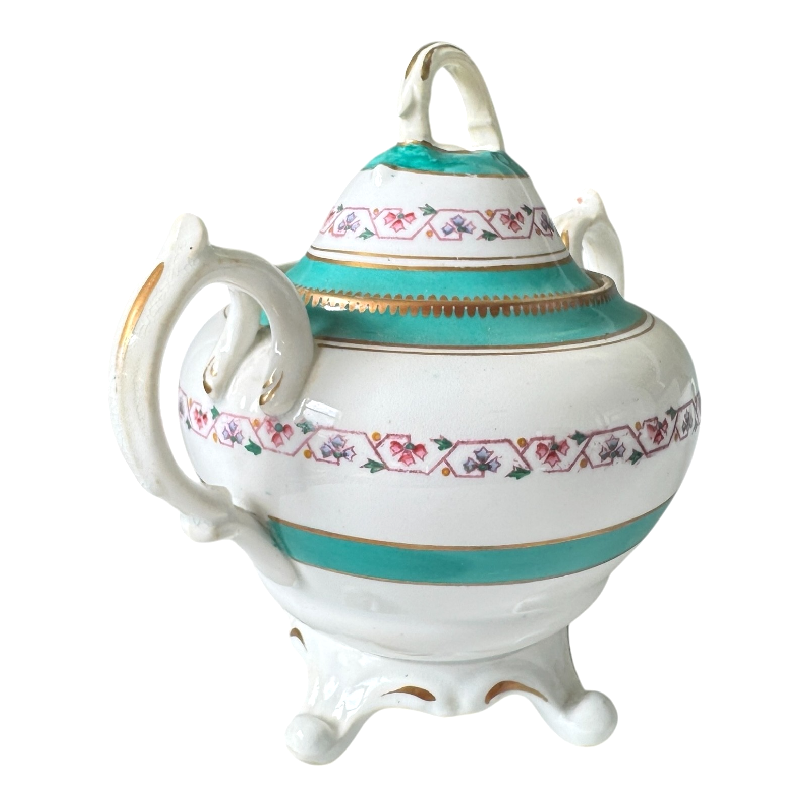 Antique Victorian Porcelain Covered Sugar Bowl - Double Handled Turquoise & Gold