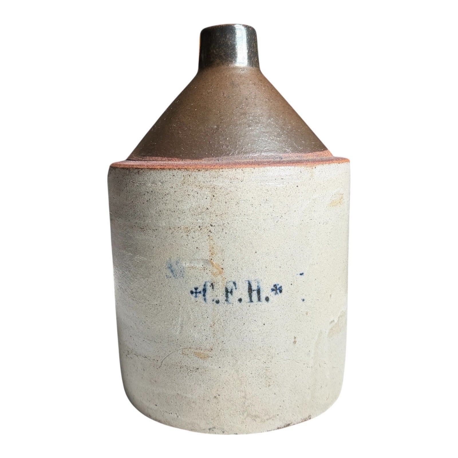 Antique Early Southern Stoneware Whiskey Jug Albany Slip Glaze Monogram Crock