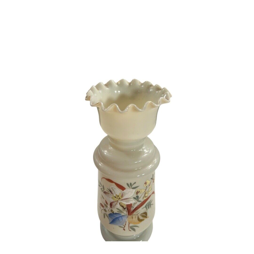Antique Victorian Hand Painted Opaline Fluted Floral Handblown Glass Vase