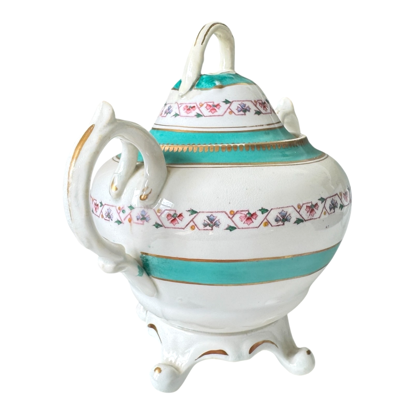 Antique Victorian Porcelain Covered Sugar Bowl - Double Handled Turquoise & Gold