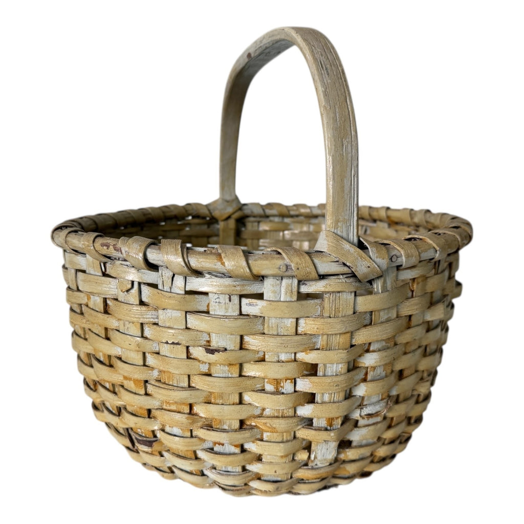 Antique Americana Handwoven Light Green Painted Basket with Bent Wood Handle