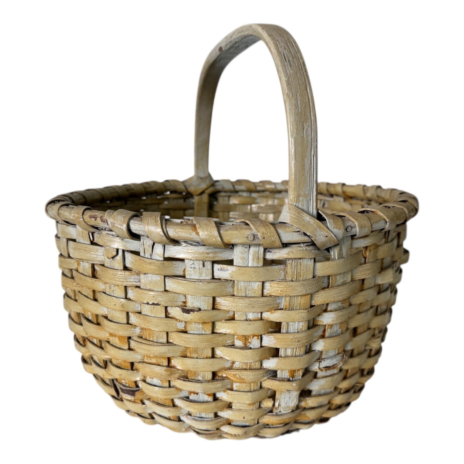 Antique Americana Handwoven Light Green Painted Basket with Bent Wood Handle