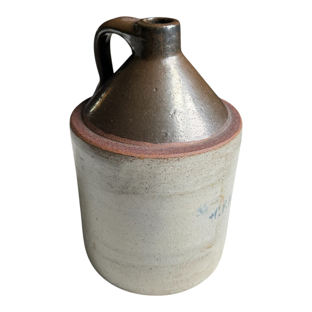 Antique Early Southern Stoneware Whiskey Jug Albany Slip Glaze Monogram Crock