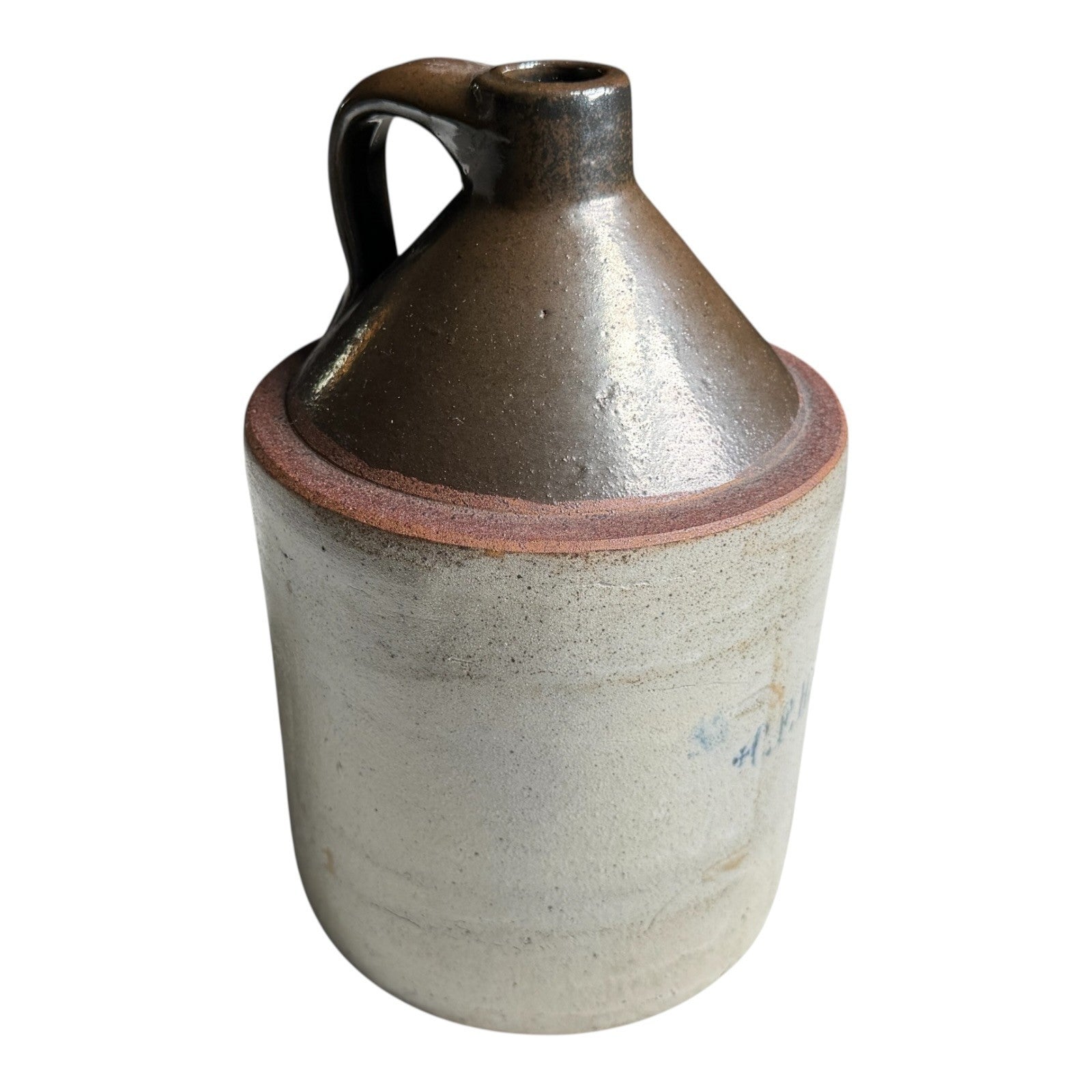 Antique Early Southern Stoneware Whiskey Jug Albany Slip Glaze Monogram Crock
