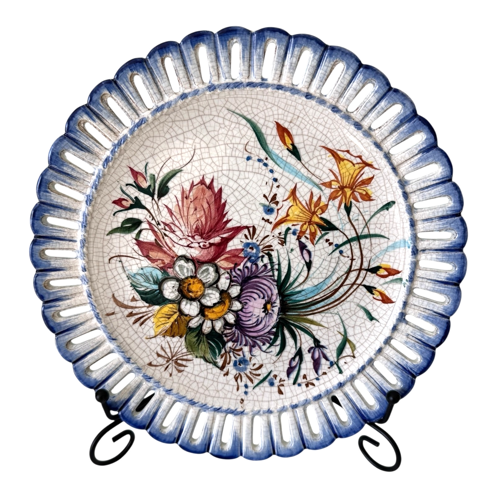Vintage Bassano Italian Majolica Hand Painted Floral Hanging Plate