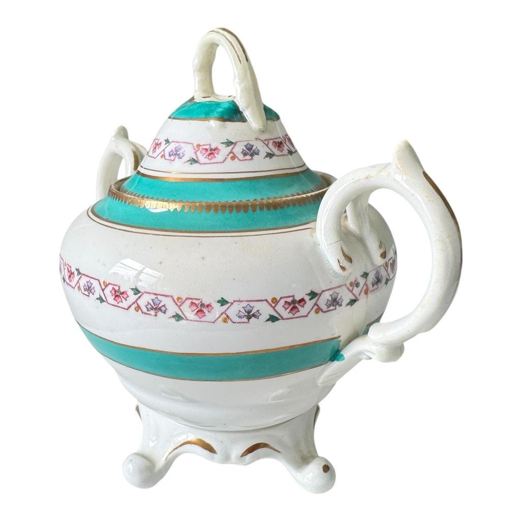 Antique Victorian Porcelain Covered Sugar Bowl - Double Handled Turquoise & Gold
