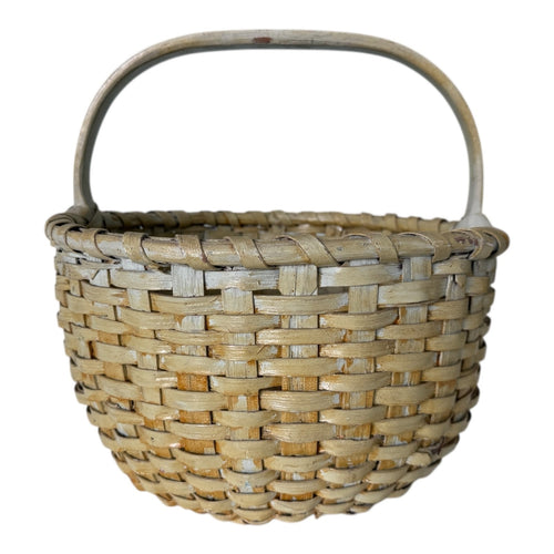 Antique Americana Handwoven Light Green Painted Basket with Bent Wood Handle